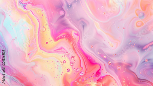 Holographic fluid marble texture with rainbow gradient colors and bubbles on iridescent background