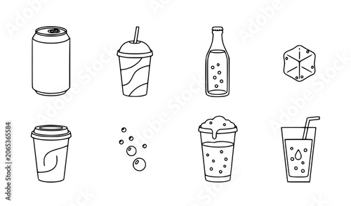 Quadro su tela Cold soda outline icon set with soft drinks cans cups and fizzy beverage symbols