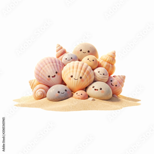 Group of adorable cute smiling seashells resting peacefully together on tropical beach sand