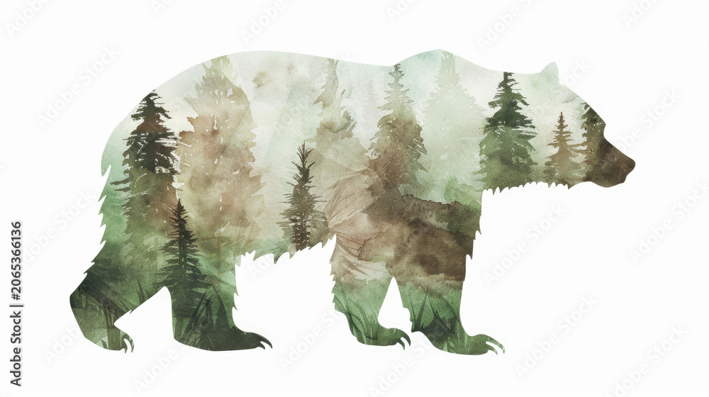 Fototapeta premium Double exposure bear silhouette with pine forest and mountain landscape inside on light background