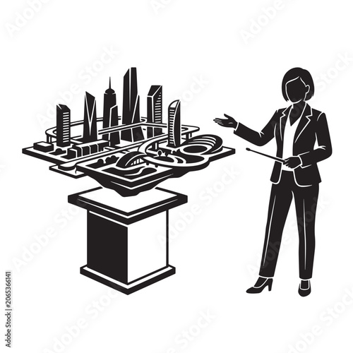 Businesswoman presenting a futuristic city model with modern architecture.
