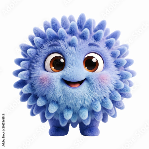 Fluffy adorable blue sea creature standing upright and smiling happily in marine environment