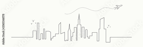 Minimalist city skyline line art illustration featuring modern skyscrapers, flying birds, and an airplane route, symbolizing urban travel and global connectivity. Perfect for travel agencies.