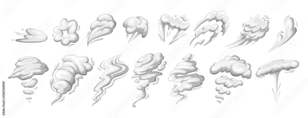 Obraz premium Comic smoke cloud set with cartoon puffs, swirls, speed trails, blast bursts and drifting vapor shapes. Explosion effects, motion overlays and comic smoke elements, vector illustration