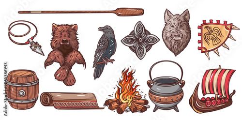 Bild auf Leinwand Viking Norse symbols collection with bear, wolf, raven, longship, shield, barrel, cauldron, campfire, scroll and pendant