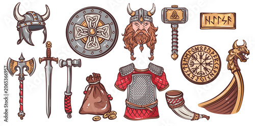 Tableau sur toile Viking warrior weapons set with helmet, round shield, axe, sword, hammer, armor, runic stone, horn and dragon prow