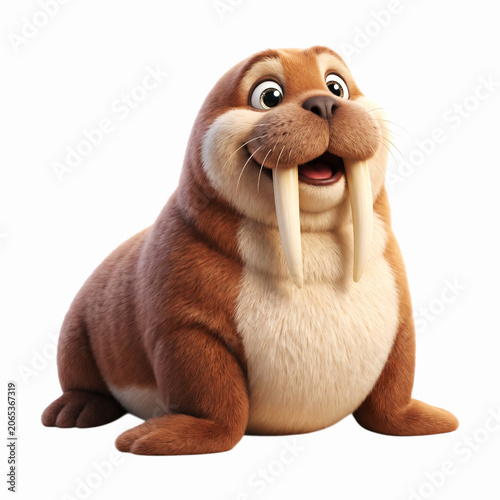 Large heavy walrus with long tusks resting peacefully on ice in arctic environment