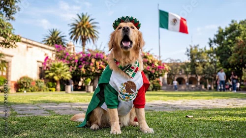 Golden retriever sits in Mexico themed outfit in park. Dog poses in sunny garden with Mexican flag and flowers in background festive travel atmosphere.