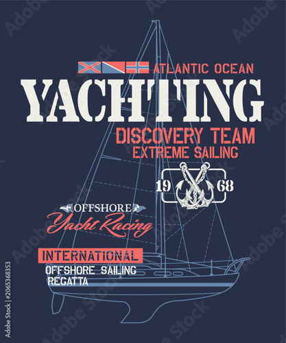 Offshore yacht racing extreme sailing with sailboat plan background vintage vector print for boy kid marine wear t shirt sweatshirt towel poster