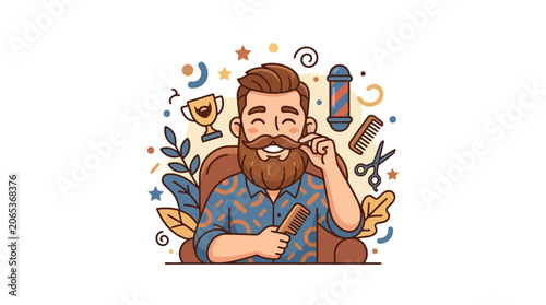 Happy Bearded Man Grooming Hair at Barber Shop with Styling Tools