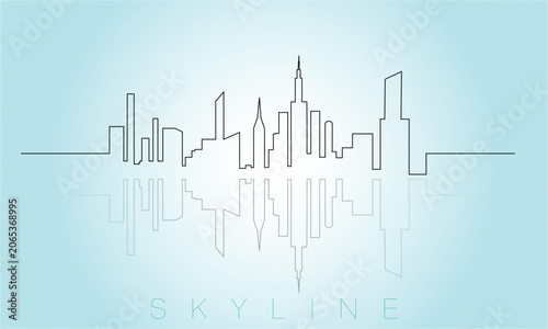 Modern city skyline line art illustration featuring a minimalist urban skyline with reflective effect on a clean gradient background. Perfect for business presentations, real estate marketing.