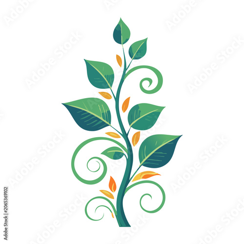 Flat design decorative plant branch with leaves and swirls