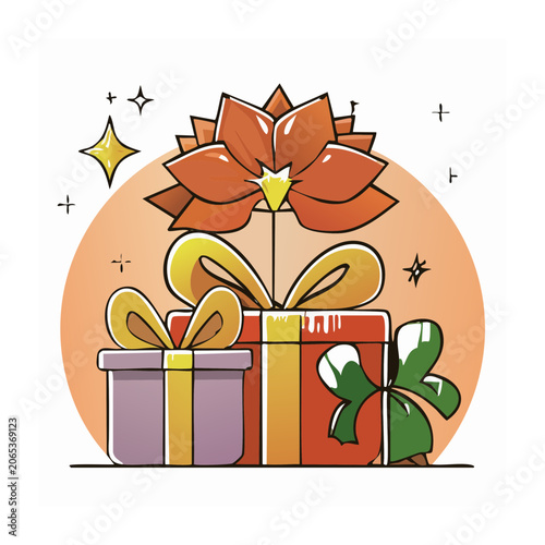Flat Design Gift Boxes with Poinsettia and Decorations