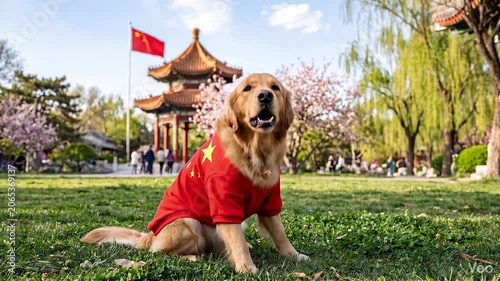 Golden retriever in Chinese costume sits in park. Cherry blossoms and China flag behind pavilion with people