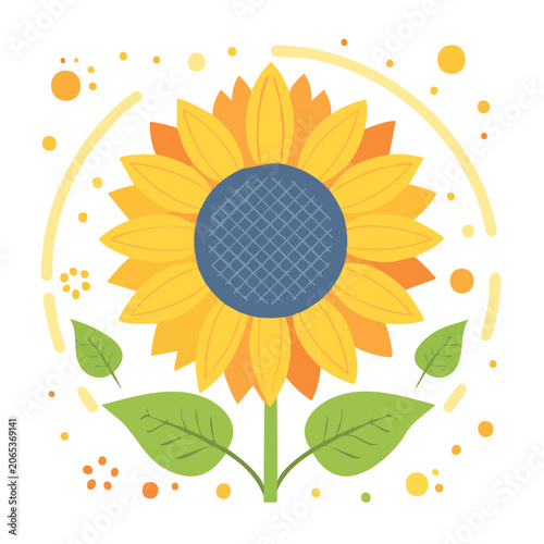 Flat design illustration of a sunflower with leaves and dots