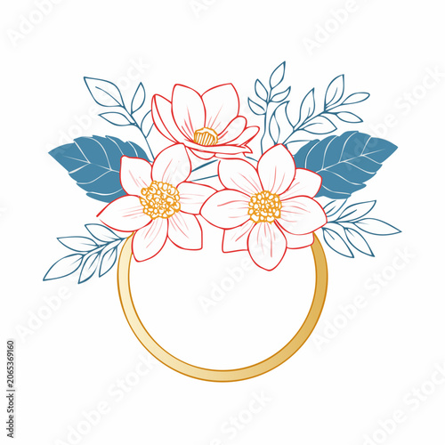 Floral Wreath with Golden Ring and Outline Flowers