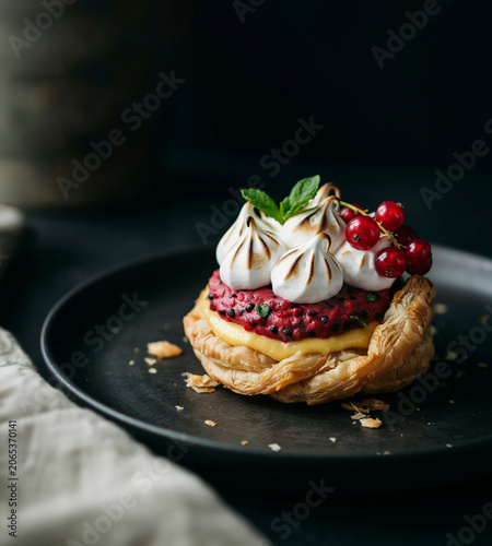 Professional gourmet puff pastry dessert. Meringue, currant compote, lemon curd on plate. Depth of field, dining restaurants, luxury food blogs artisan bakery, culinary recipe premium ingredients UI