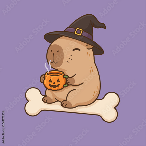 фотографія Cute vector illustration of a capybara mascot enjoying a hot pumpkin drink, wearing a witch hat and relaxing on a bone to celebrate Halloween