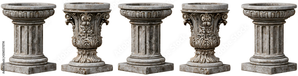 Fototapeta premium Collection of four weathered stone pedestals with ornate carvings isolated on a transparent background
