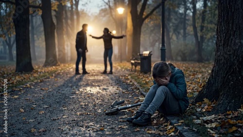 Girl in park covers face while crying. Scooter on ground nearby as parents argue in soft blurred background. Crying child sits beside scooter in park. Distant parents dispute while evening light fades