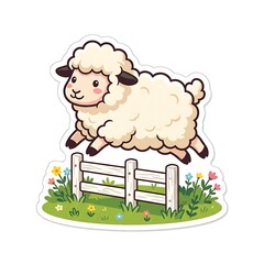 Cute Cartoon Sheep Jumping Over Fence Farm Sticker Illustration