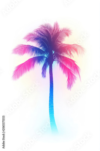 Vibrant neon palm tree with purple and blue glowing effect and glitches isolated on white background
