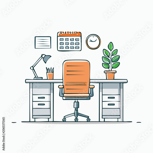 Modern Office Desk Setup with Chair, Lamp, Calendar, and Plant