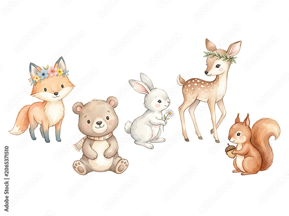 Naklejka premium Cute Watercolor Woodland Animal Clipart Set with Fox Bear Bunny Deer and Squirrel