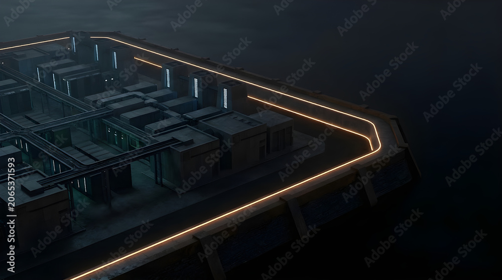 Fototapeta premium Glowing Modular Data Center at Night with Dark Premium 3D Render