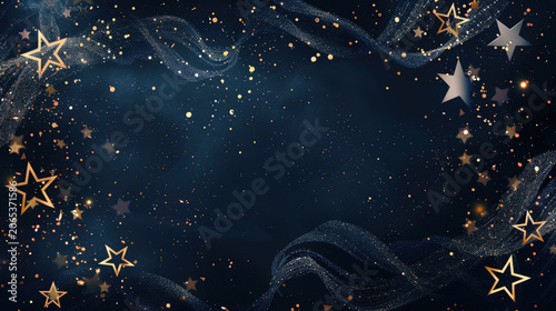 Elegant gold stars and flowing ribbons on deep navy blue background with glittering particles, luxury celebration concept