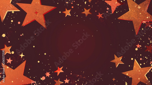 Red and gold glittering stars on deep burgundy background with copy space for text, festive holiday concept