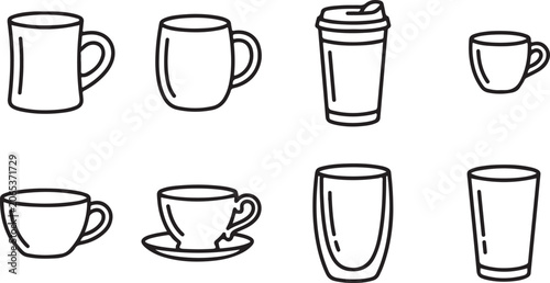 Fotografía Collection of drinkware icons including various mugs, cups, and glasses for hot and cold beverages, for cafe or home use
