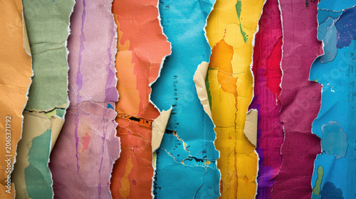 Stripes of torn colorful paper creating rainbow pattern, grunge background