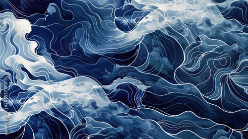 Elegant deep blue ocean waves with fine white line art detail and swirling patterns on dark navy background