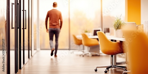 A view of a stylish modern office in warm tones. Blurred background.