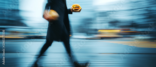 Pedestrian with Street Food and Drink Moving Through Urban Environment. Fast-Paced City Living Concept.