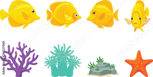 Cuadro en lienzo Yellow tang fish vector set featuring tropical coral reef marine life elements w