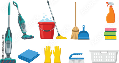 Tableau sur toile Cleaning tools vector collection featuring household supplies like vacuum cleane