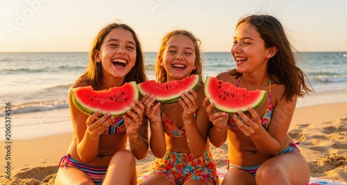 Happy girls eating watermelon on the beach. Friendship, happiness, beach, summer concept.
