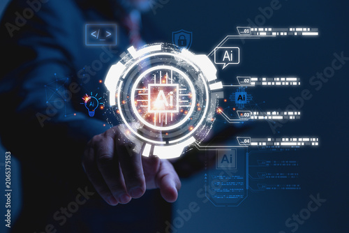 A businessman in a suit interacts with a glowing, futuristic artificial intelligence (AI) interface.