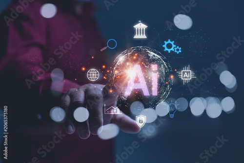 Businessman interacting with an AI globe and financial banking technology icons.