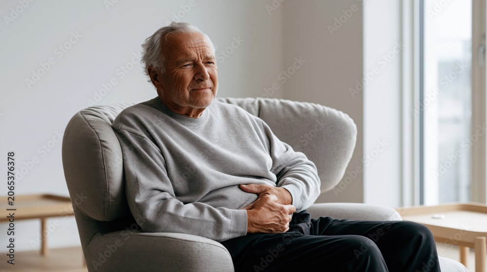 Fototapeta premium Senior man with abdominal pain sitting in armchair at home. Older patient holding stomach with digestive discomfort, acid reflux symptoms and healthcare concern