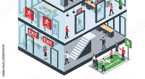 Isometric office building fire exit and emergency evacuation plan.