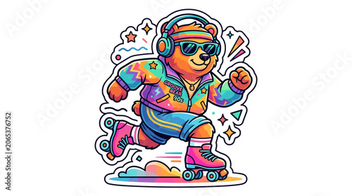 Colorful cool bear roller skating vibrant sticker art.