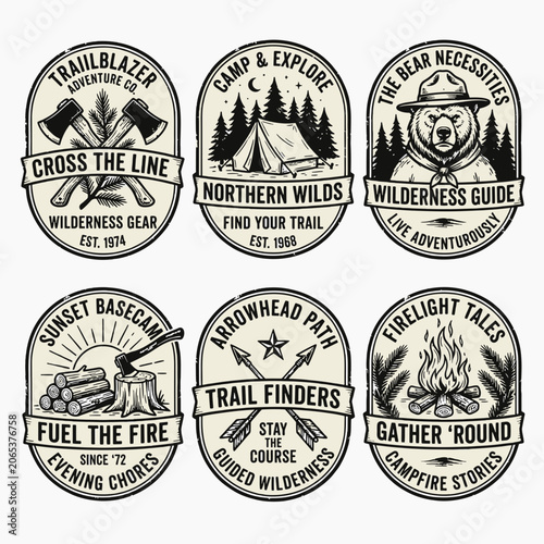 Vintage wilderness gear and camping survival badge emblem set