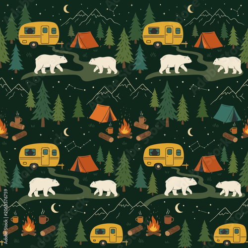 Night Camping Seamless Pattern with Mountain Scenery