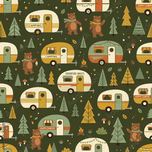 Vintage Caravan and Camping Bear Seamless Pattern