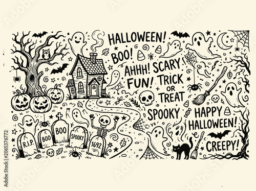 Intricate hand drawn Halloween scene with haunted house.