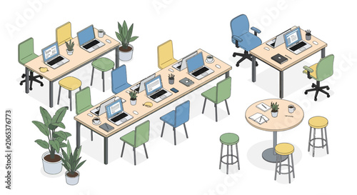 Isometric open plan office layout with workstations and desks.
