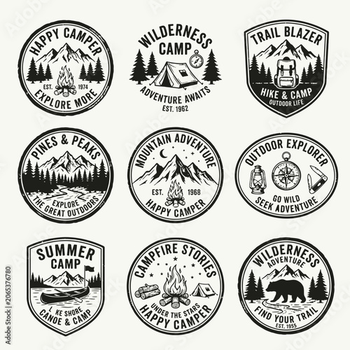 Circular vintage camping and outdoor adventure logo emblem set